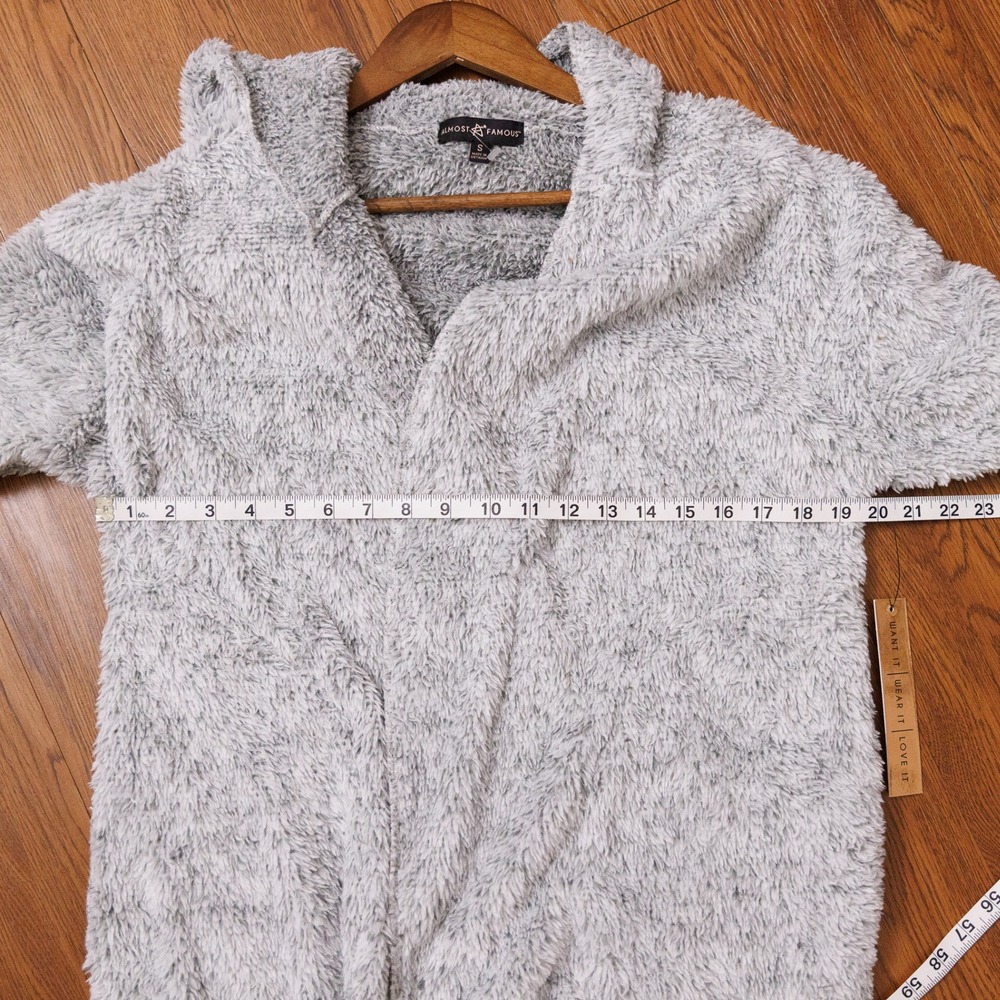 Almost Famous Womens Grey Fuzzy Hooded Open Front Cardigan Sweater Size S - Picture 7 of 8